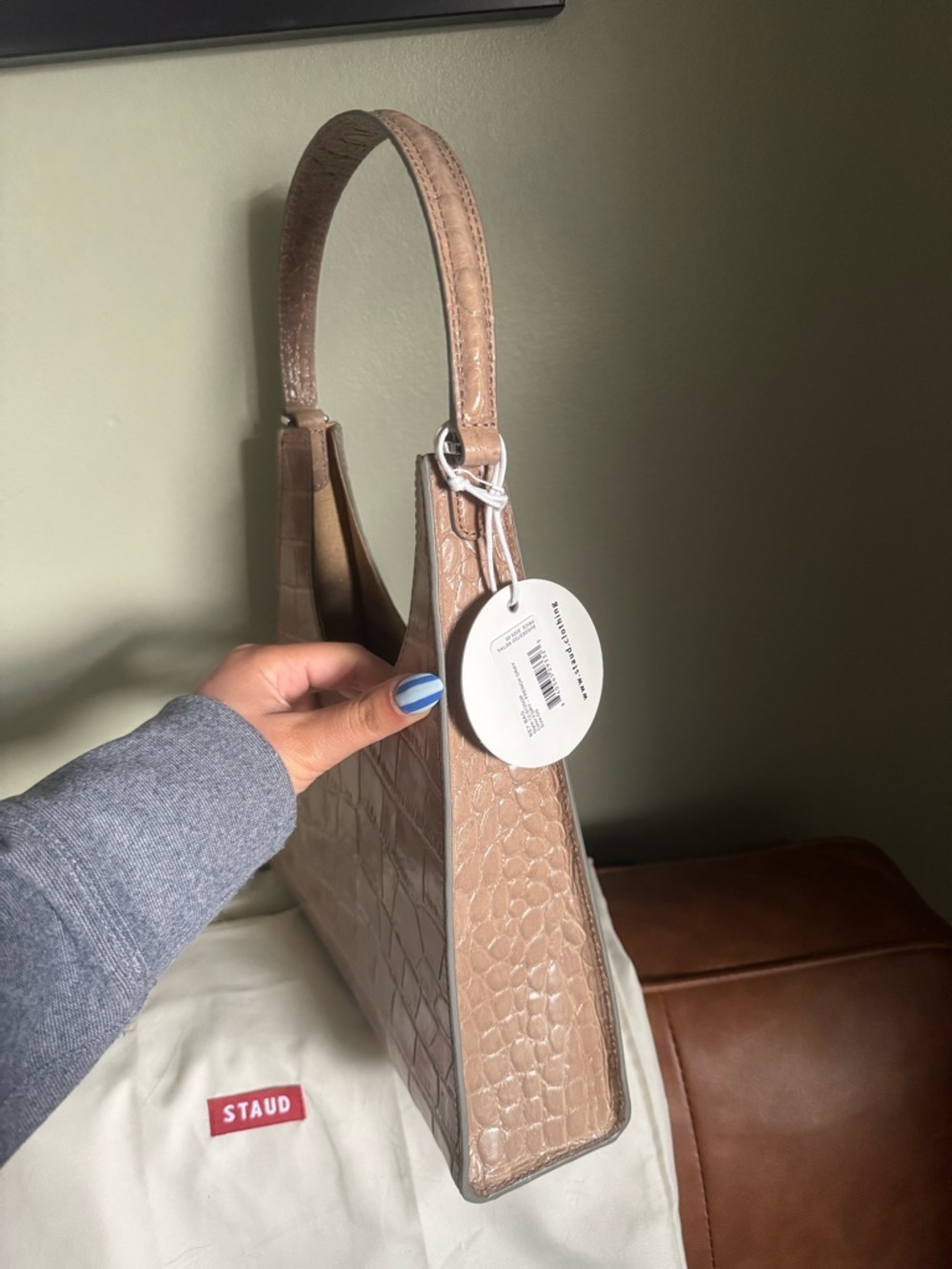 STAUD Croc-Embossed Taupe Leather Shoulder Bag - Picture 2 of 7